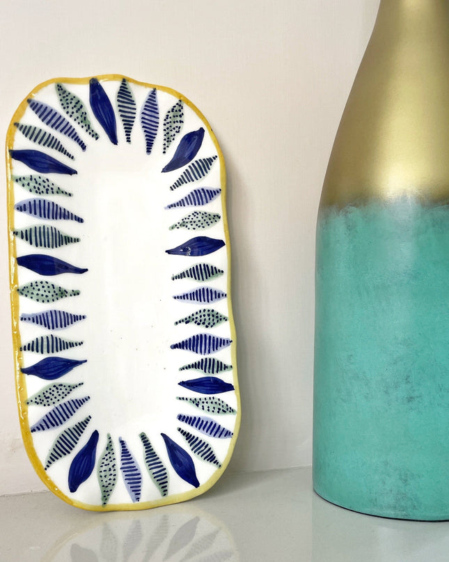 Handpainted Ceramic Serving Plate Feather Blue White Yellow