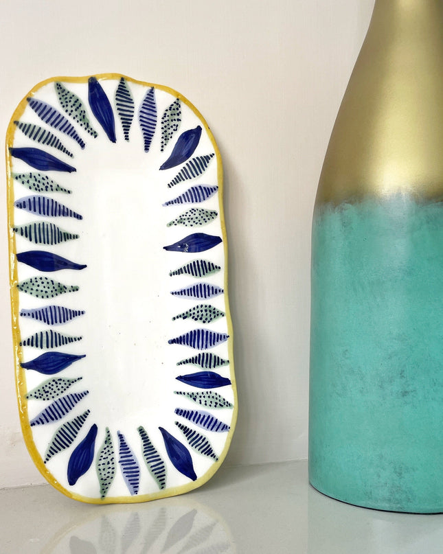 Handpainted Ceramic Serving Plate Feather Blue White Yellow