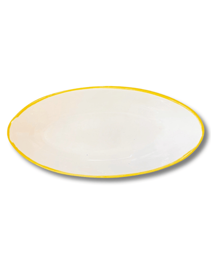Oval Handpainted Ceramic White Serving Bowl with Yellow Border