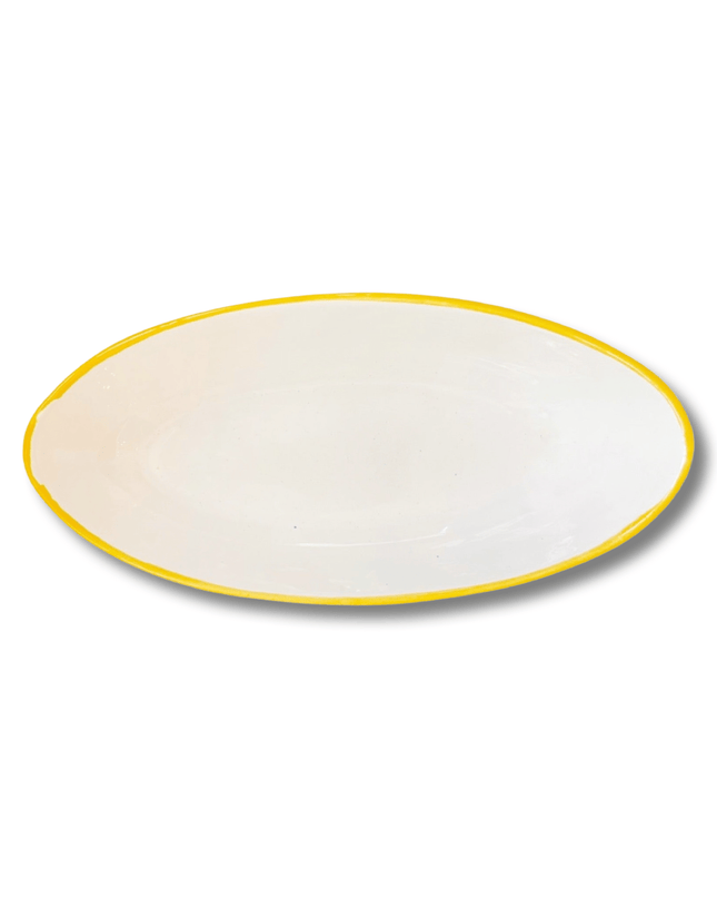 Oval Handpainted Ceramic White Serving Bowl with Yellow Border