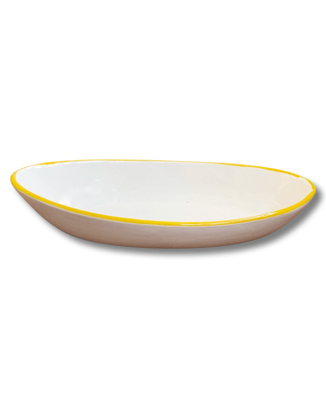 Oval Handpainted Ceramic White Serving Bowl with Yellow Border