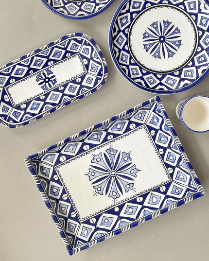 Handpainted Ceramic Blue White Geometric Dinner Plate Set