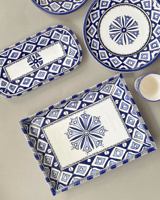 Handpainted Ceramic Blue White Geometric Dinner Plate Set