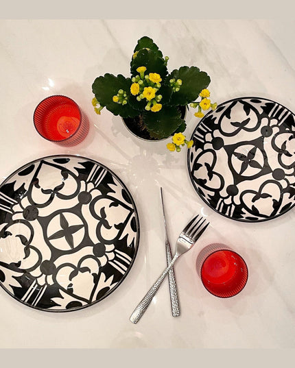 Handpainted Ceramic Black White Geometric Plates Red Water Glass Hammered Silver Cutlery