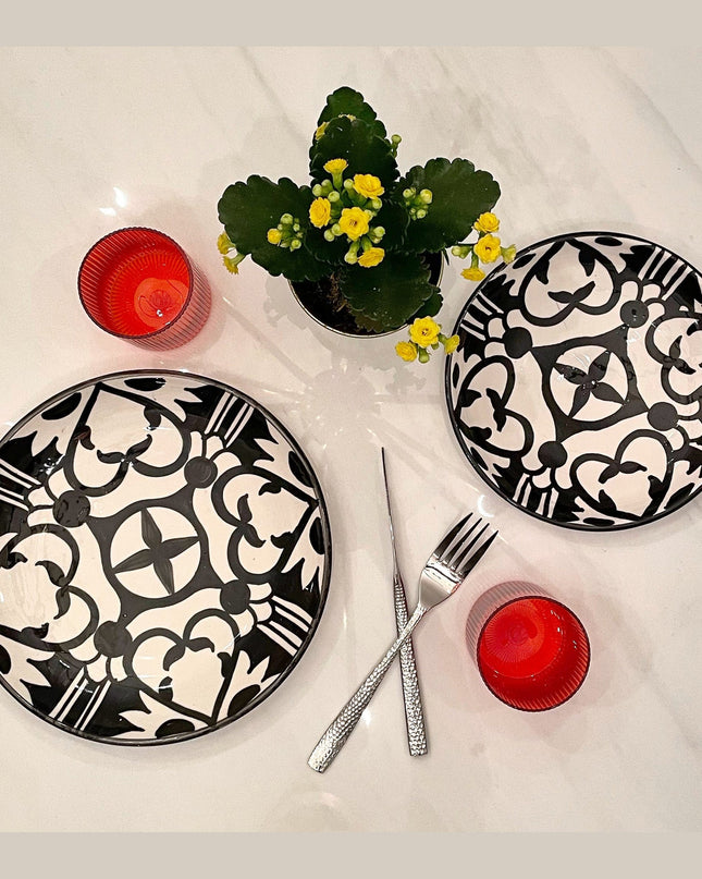 Handpainted Ceramic Black White Geometric Plates Red Water Glass Hammered Silver Cutlery