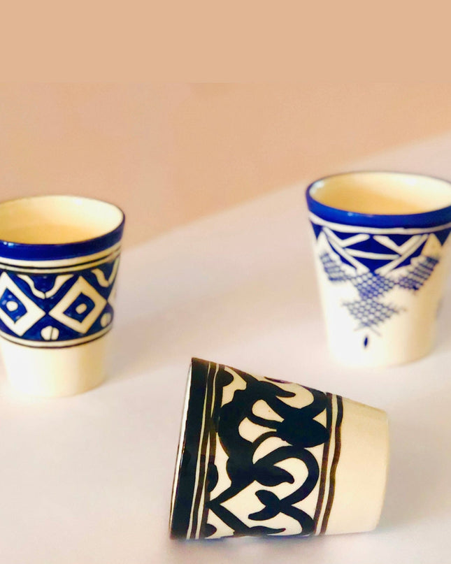 Blue White Black Geometric Design Handpainted Ceramic Water Glasses