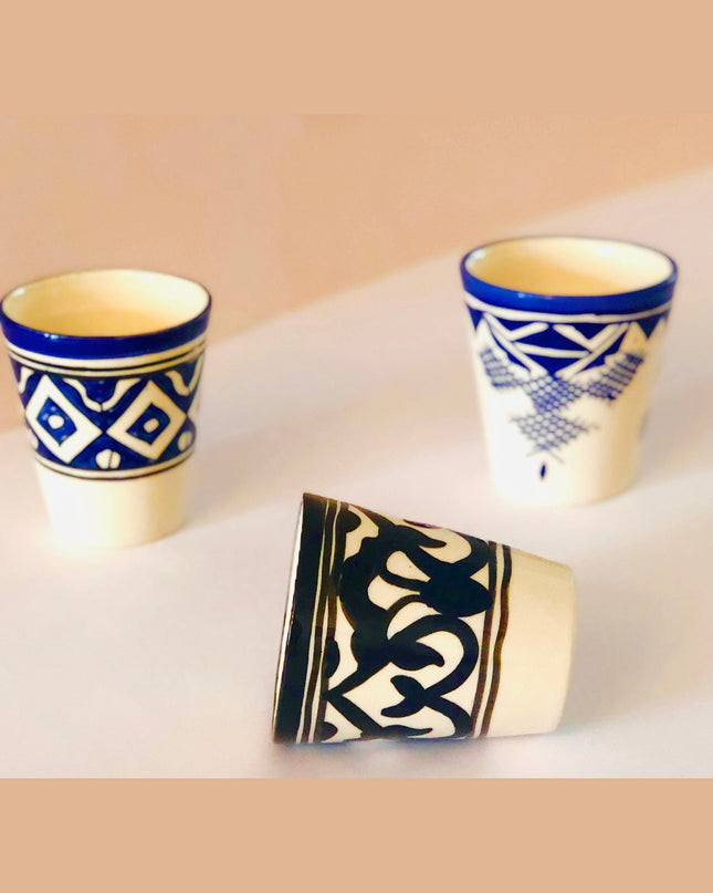 Blue White Black Geometric Design Handpainted Ceramic Water Glasses