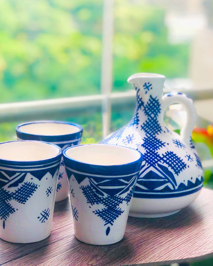 Handpainted Ceramic White Blue Water Jug and Glasses
