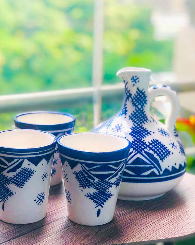 Handpainted Ceramic White Blue Water Jug and Glasses