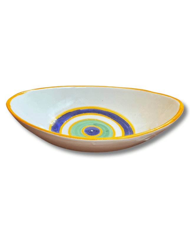 Handpainted Ceramic Oval Bowl Evil Eye Yellow White Blue
