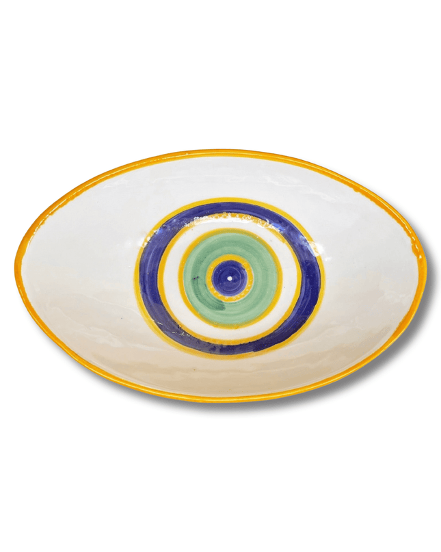 Handpainted Ceramic Oval Bowl Evil Eye Yellow White Blue