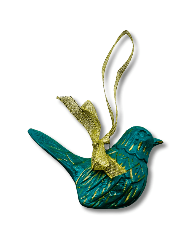 Green Wood Carved Bird Christmas Tree Ornament