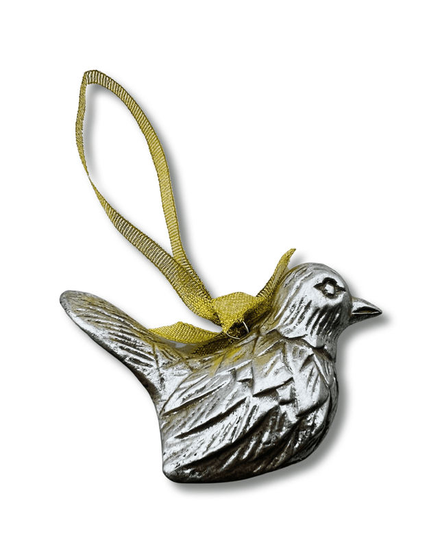 Silver Wood Carved Bird Christmas Tree Ornament