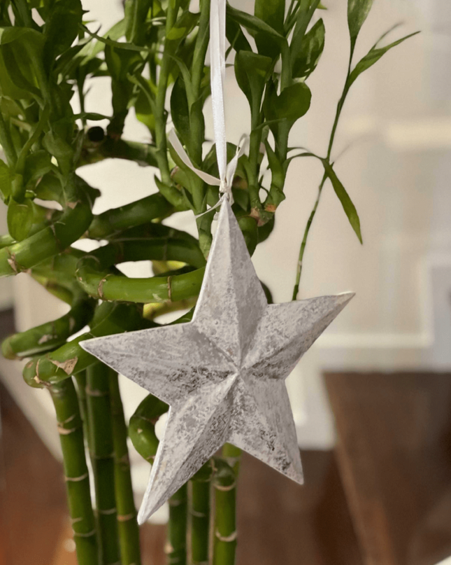 Silver Wooden Handcarved Star Christmas Ornament