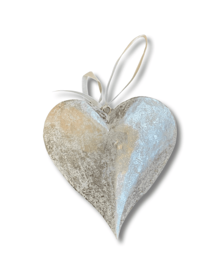 Silver Wood Carved Heart Christmas Tree Ornament