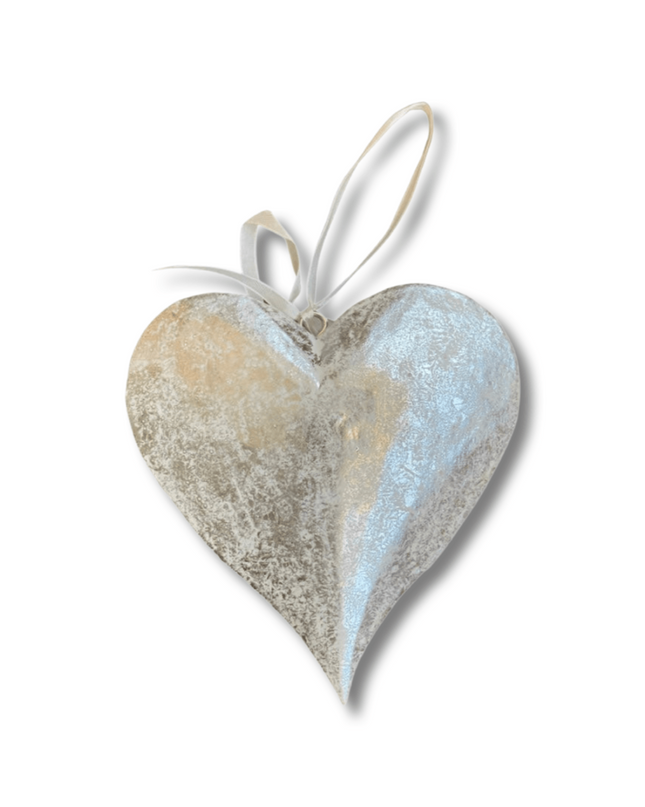 Silver Wood Carved Heart Christmas Tree Ornament