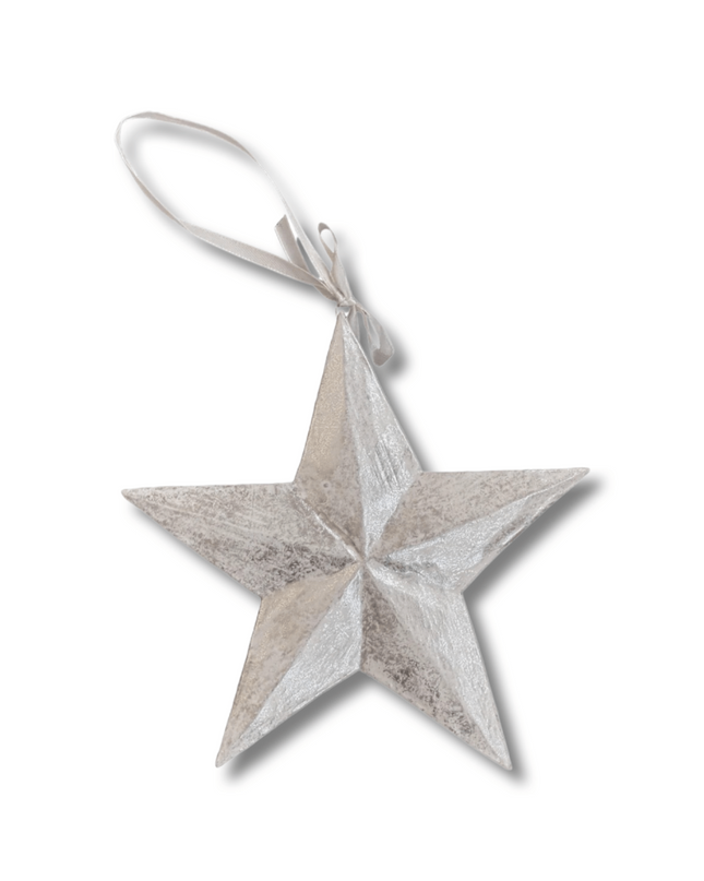 Silver Wooden Handcarved Star Christmas Ornament