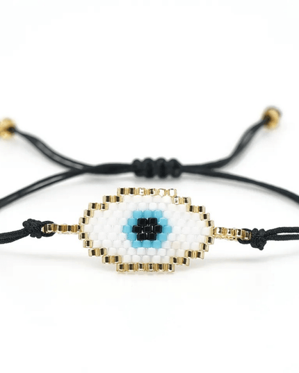 Black Beaded Bracelet with White Evil Eye