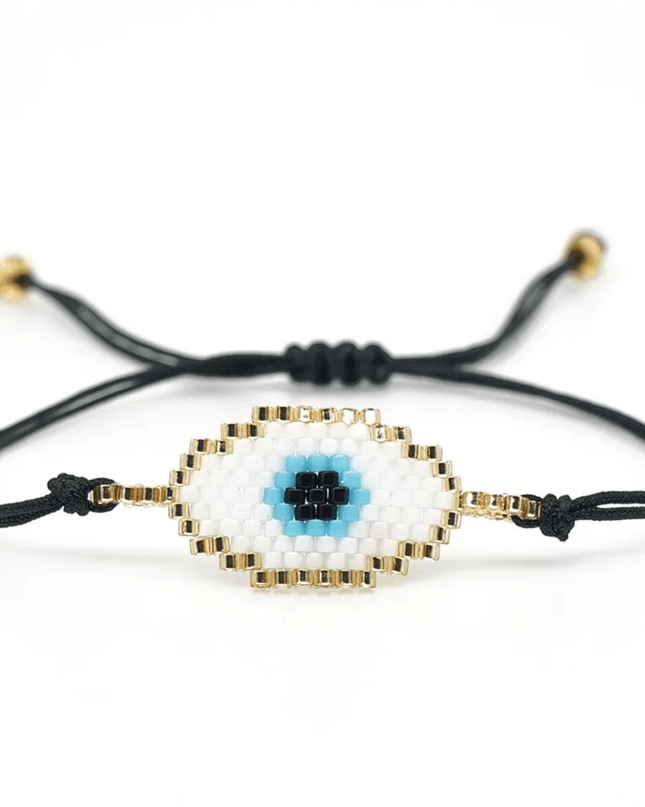 Black Beaded Bracelet with White Evil Eye