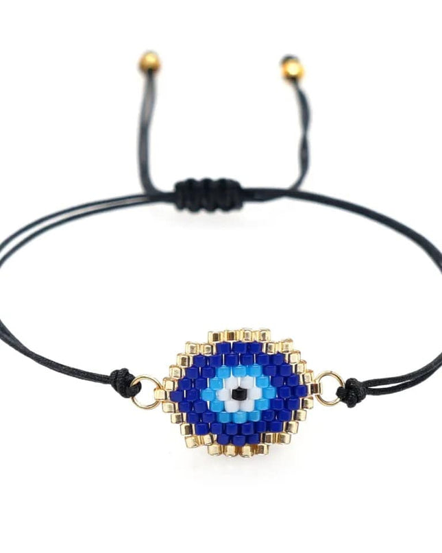 Black Beaded Bracelet with Blue Evil Eye