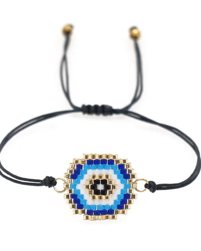 Black Beaded Bracelet with Blue and White Evil Eye
