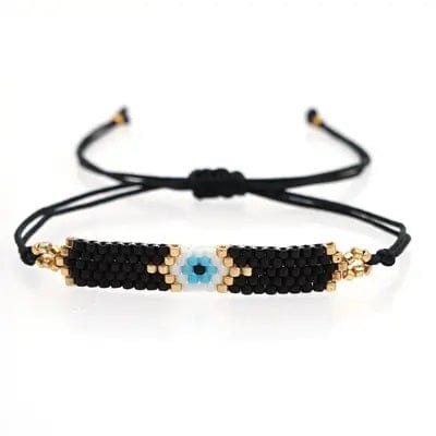 Black Beaded Bracelet with White and Blue Evil Eye