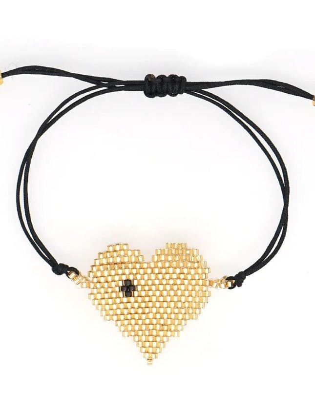 Black Beaded Bracelet with Gold Heart