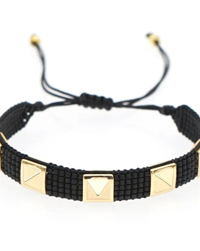 Black Beaded Bracelet with Gold Studs