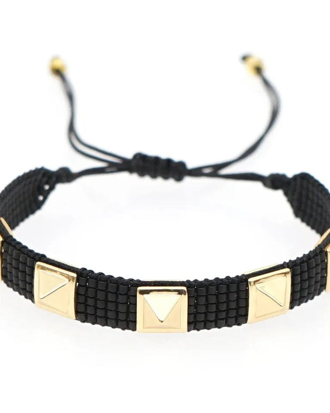 Black Beaded Bracelet with Gold Studs