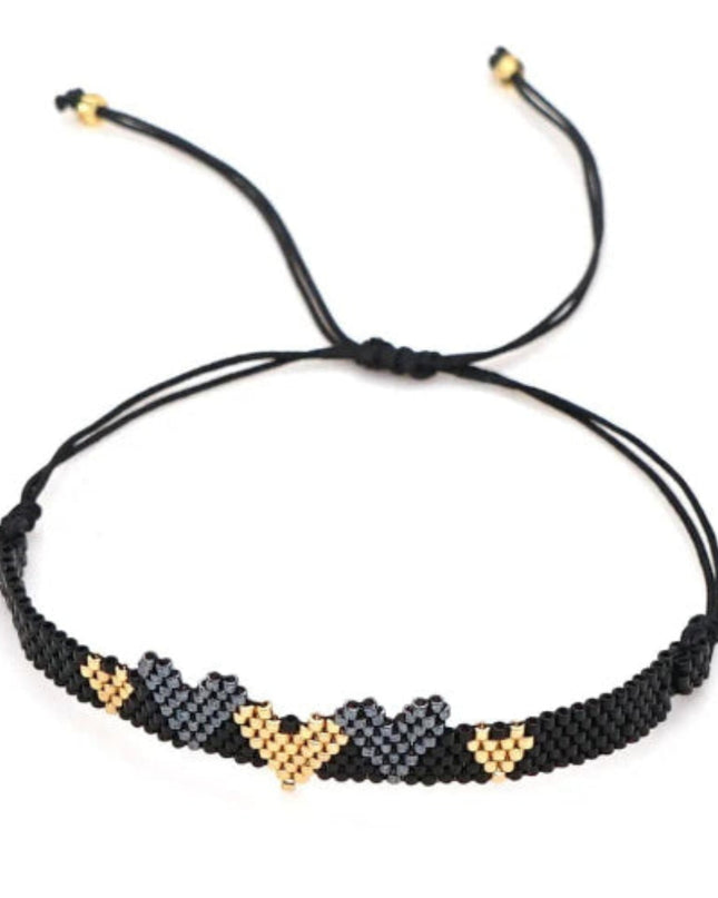 Black Beaded Bracelet with Black and Gold Hearts