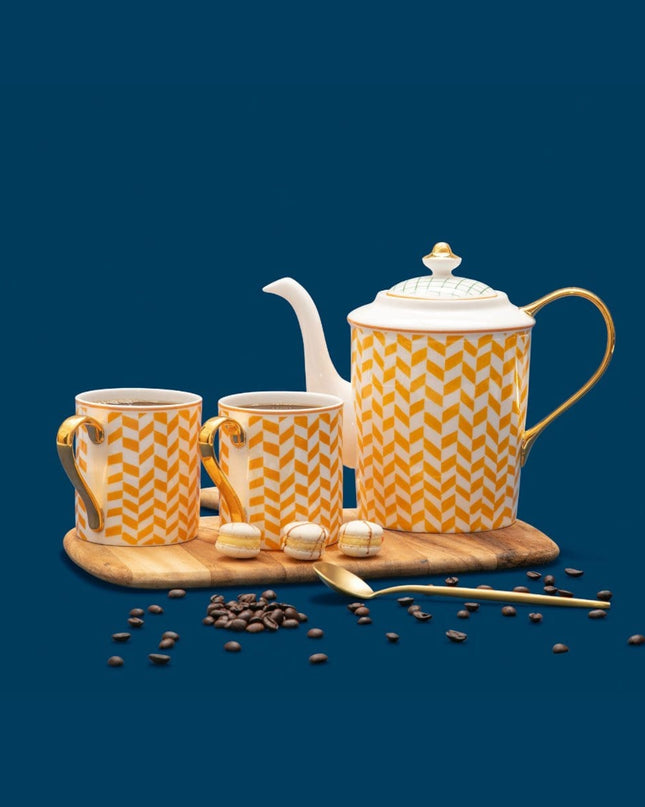 Margarita Yellow White Porcelain Mugs and Teapot Gold Handle