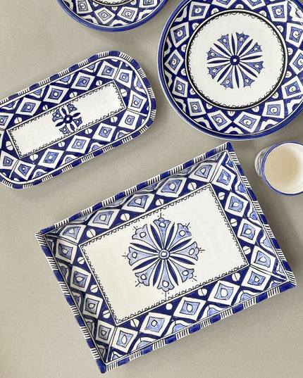 Handpainted Ceramic Blue White Geometric Dinner Plate Set