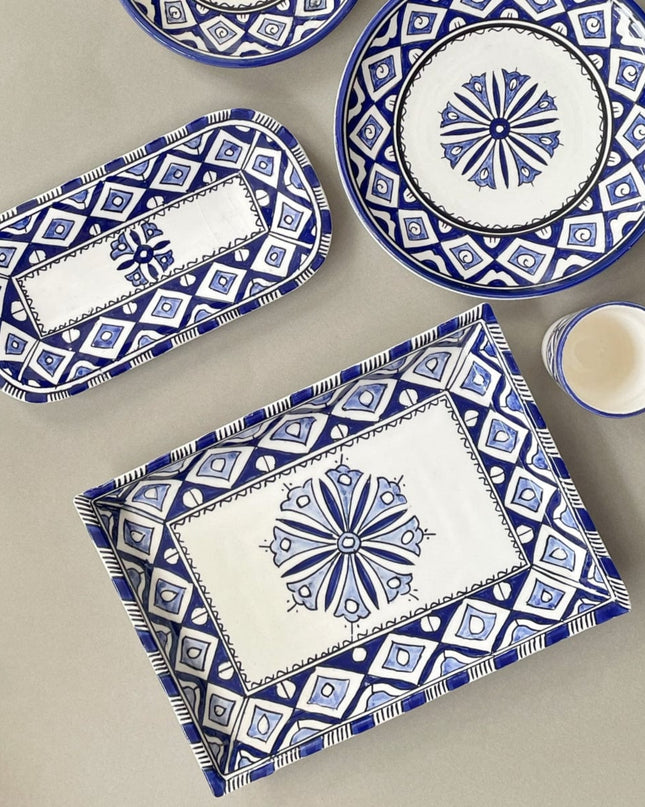 Handpainted Ceramic Blue White Geometric Dinner Plate Set