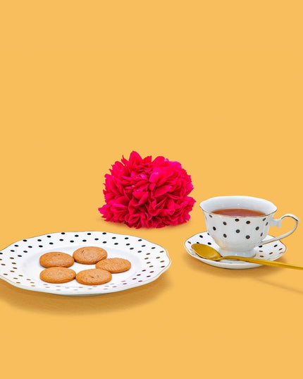 Bone China White Black Polka-Dot Dessert Plate Gold Border Teacup