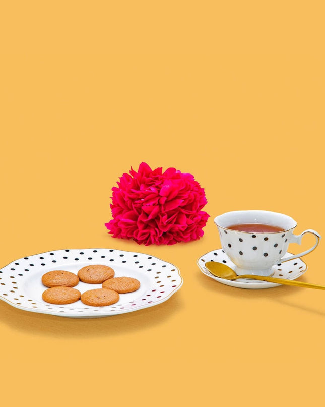 Bone China White Black Polka-Dot Dessert Plate Gold Border Teacup