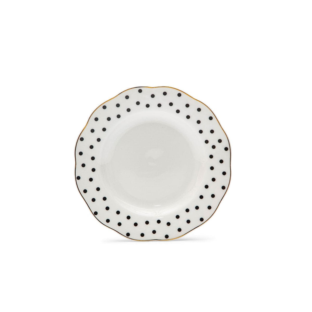 Bone China White Black Polka-Dot Dessert Plate Gold Border