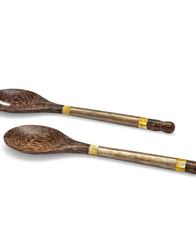 Daloni Small Palm Wood Silver Capiz Shell Salad Servers