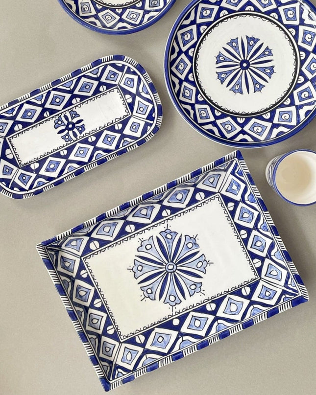 Handpainted Ceramic Blue White Geometric Dinner Plate Set