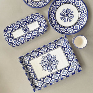 Handpainted Ceramic Blue White Geometric Dinner Plate Set