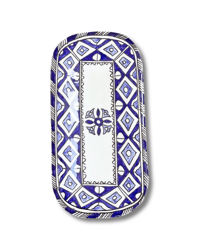 Handpainted Ceramic Blue White Geometric Serving Platter
