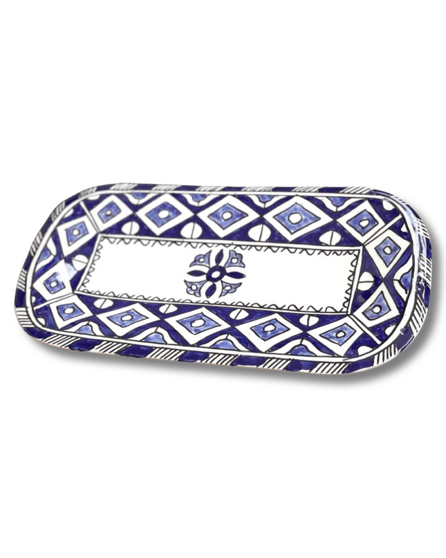 Handpainted Ceramic Blue White Geometric Serving Platter
