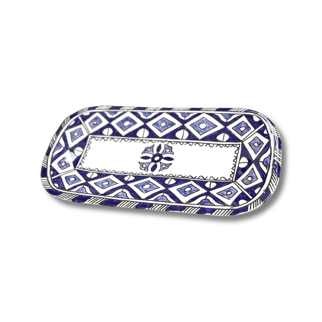 Handpainted Ceramic Blue White Geometric Serving Platter