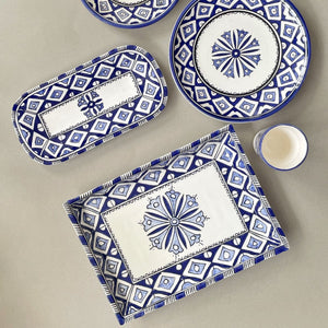 Handpainted Ceramic Blue White Geometric Dinner Plate Set