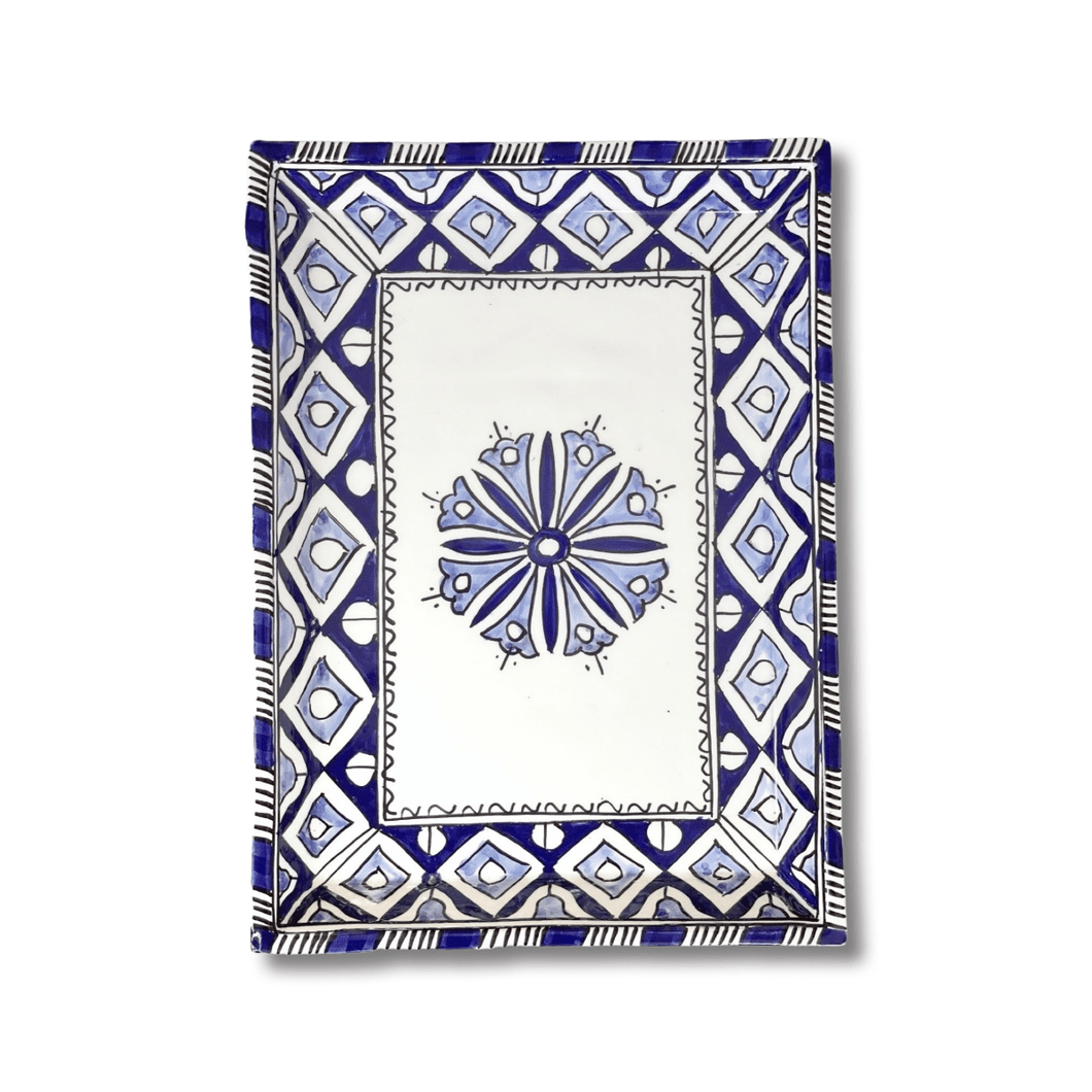 Handpainted Ceramic Blue White Geometric Serving Platter
