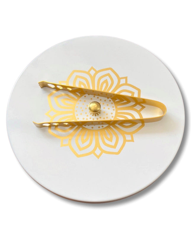 Wooden Chapati Box with White Gold Rangoli Lid and tongs