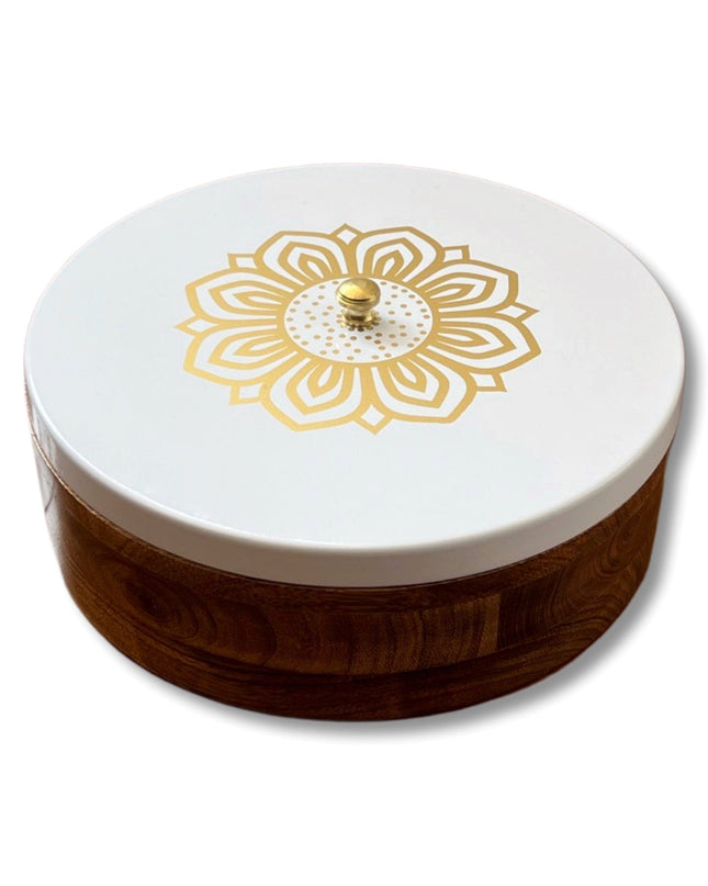 Wooden Chapati Box with White Gold Rangoli Lid