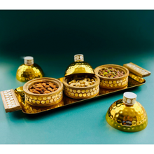 Load image into Gallery viewer, Gold, wood and mother of pearl hammered tray with containers with nuts
